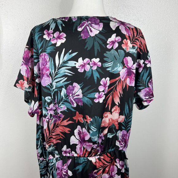 Bobeau 1X Plus Size Dress Women Black Purple Floral Surplice Casual - Picture 12 of 14